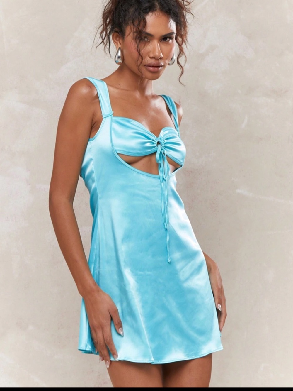 Satin Tie-Front Chemise Slip Dress - Blue